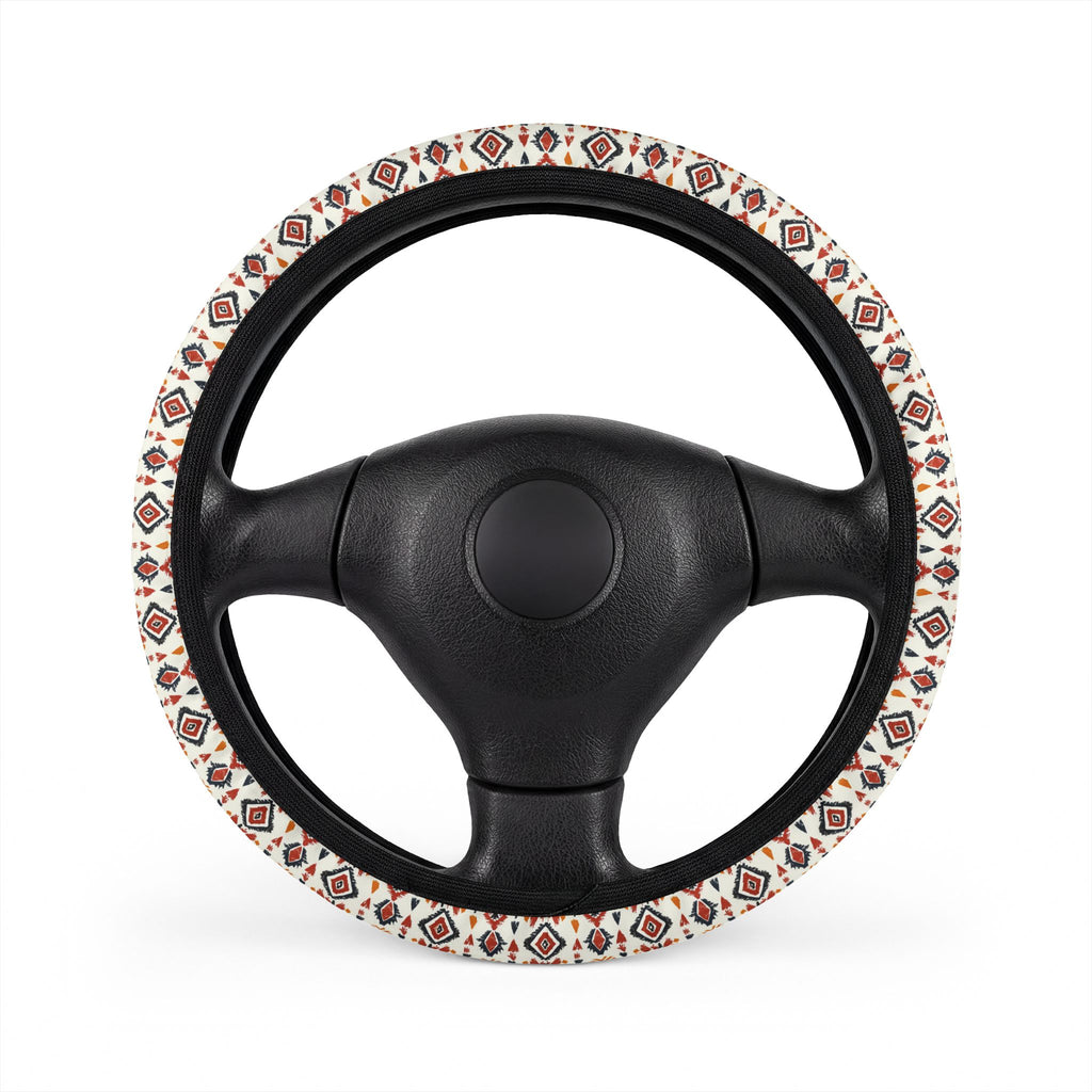 Cream boho tribal steering wheel cover, on a steering wheel