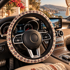 Cream boho tribal steering wheel cover shown in a car interior