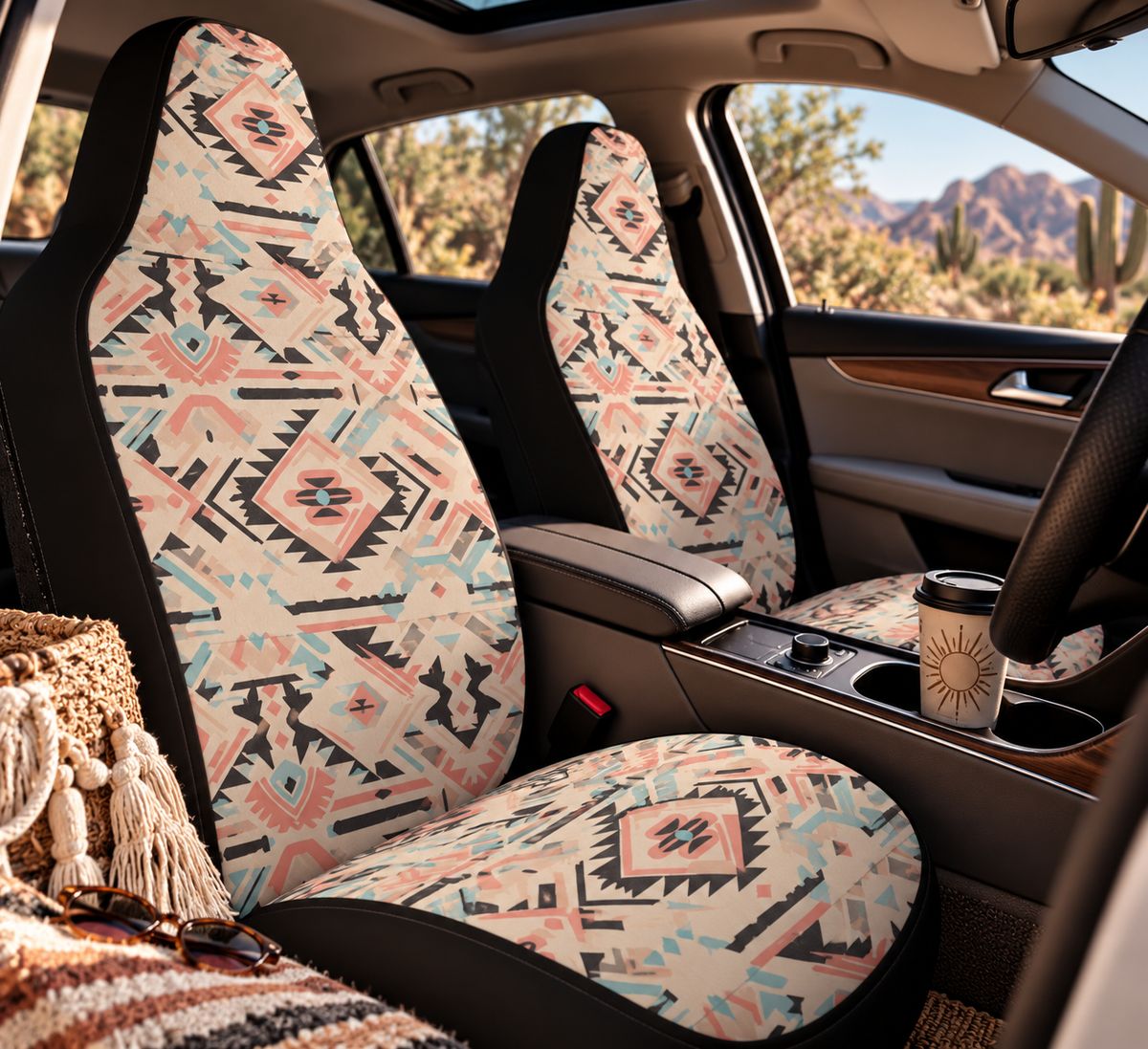 Cream pastel aztec car seat covers shown in a car interior