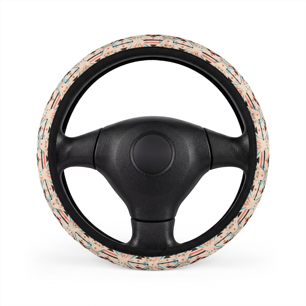 Cream pastel aztec steering wheel cover, on a steering wheel