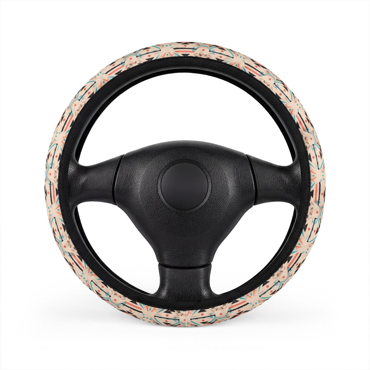 Cream pastel aztec steering wheel cover, on a steering wheel