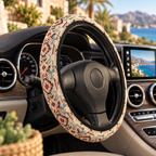 Cream pastel aztec steering wheel cover shown in a car interior