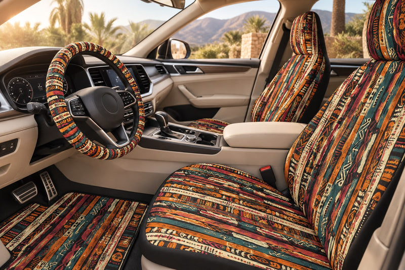 Aztec car seat covers, steering wheel cover and car mats
