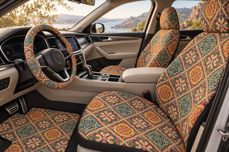 Bohemian car seat covers, steering wheel cover and car mats