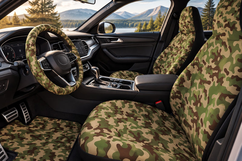 Camo car seat covers, steering wheel cover and car mats