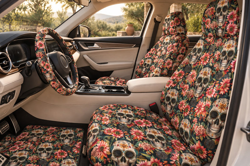 Floral car seat covers, steering wheel cover and car mats