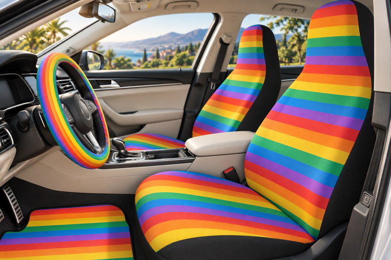 Rainbow car seat covers, steering wheel cover and car mats