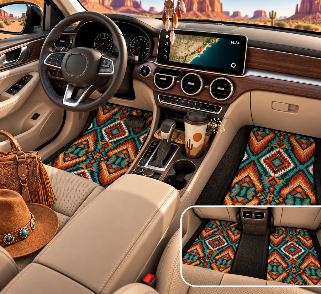 Dark aztec diamond car mats shown in a car interior