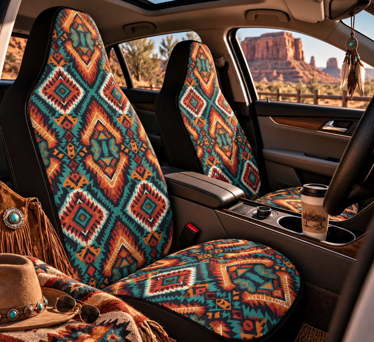 Dark aztec diamond car seat covers shown in a car interior