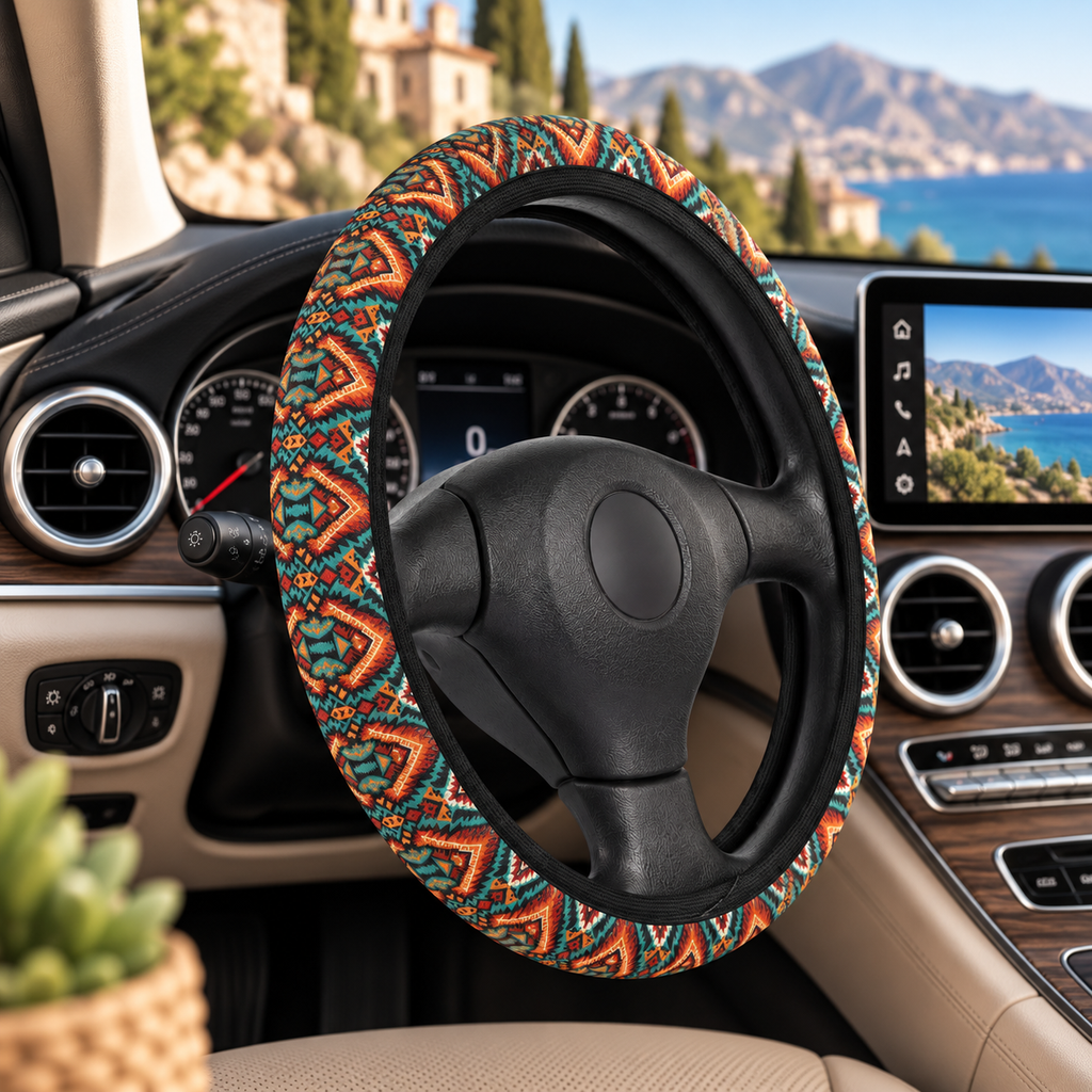 Dark aztec diamond steering wheel cover shown in a car interior