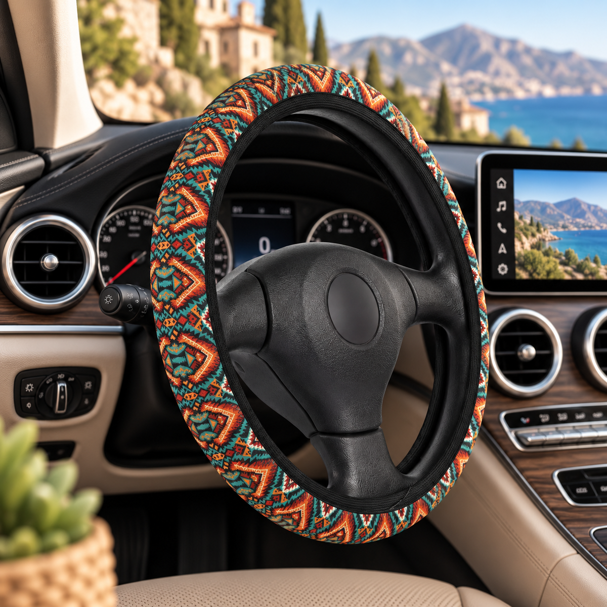Dark aztec diamond steering wheel cover shown in a car interior