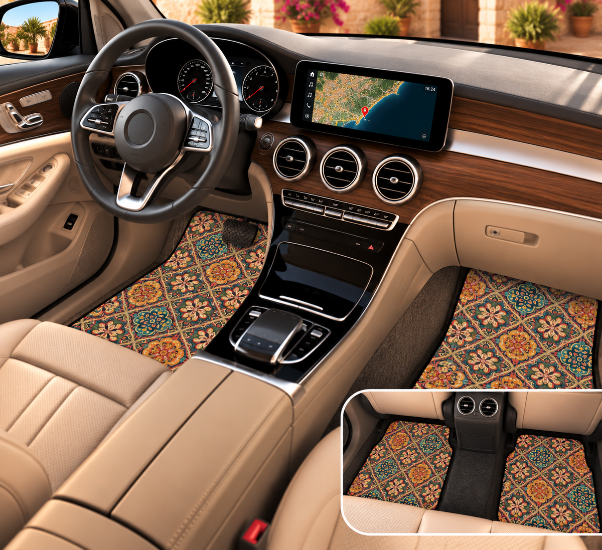 Dark boho floral car mats shown in a car interior