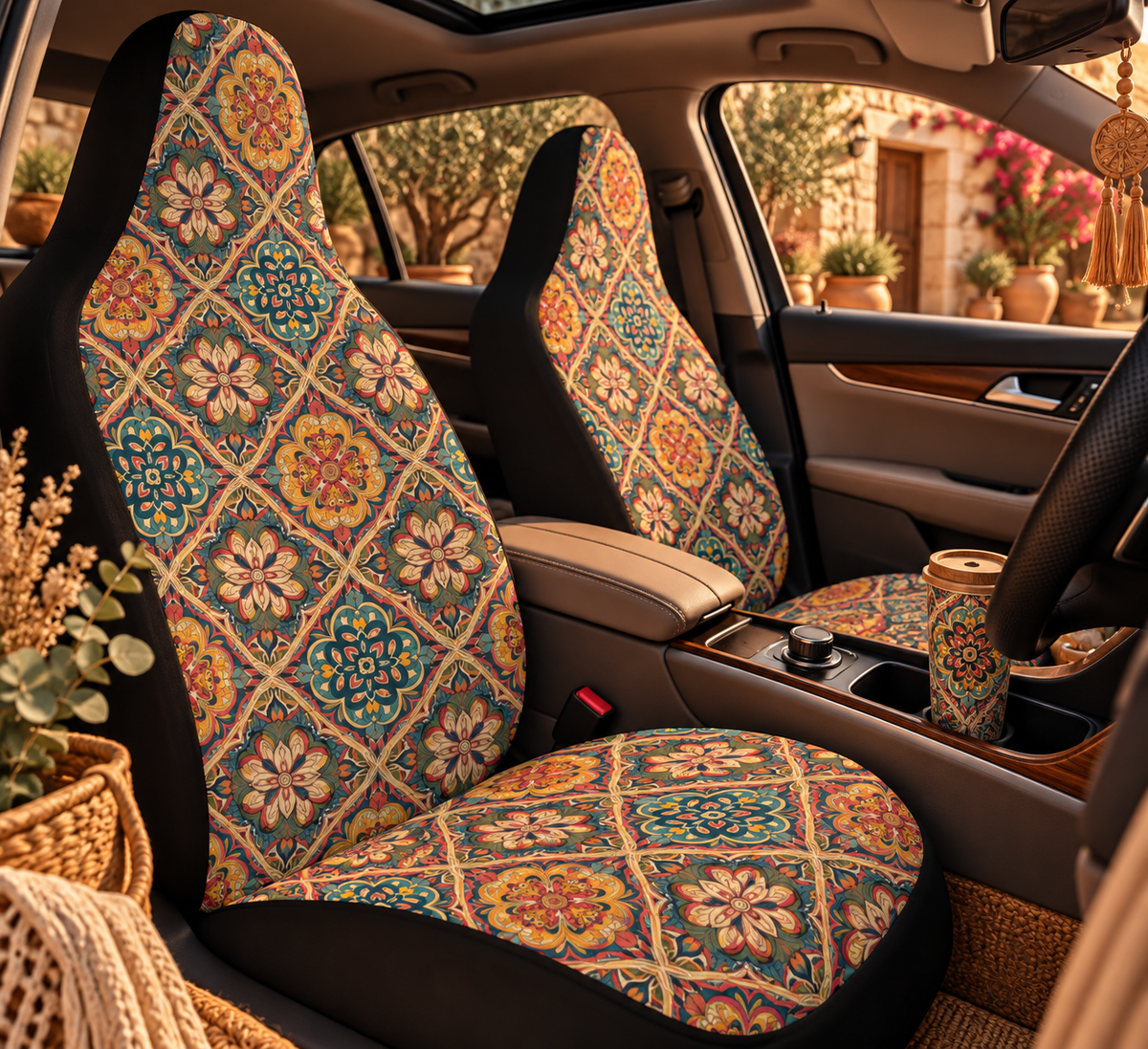 Dark boho floral car seat covers shown in a car interior