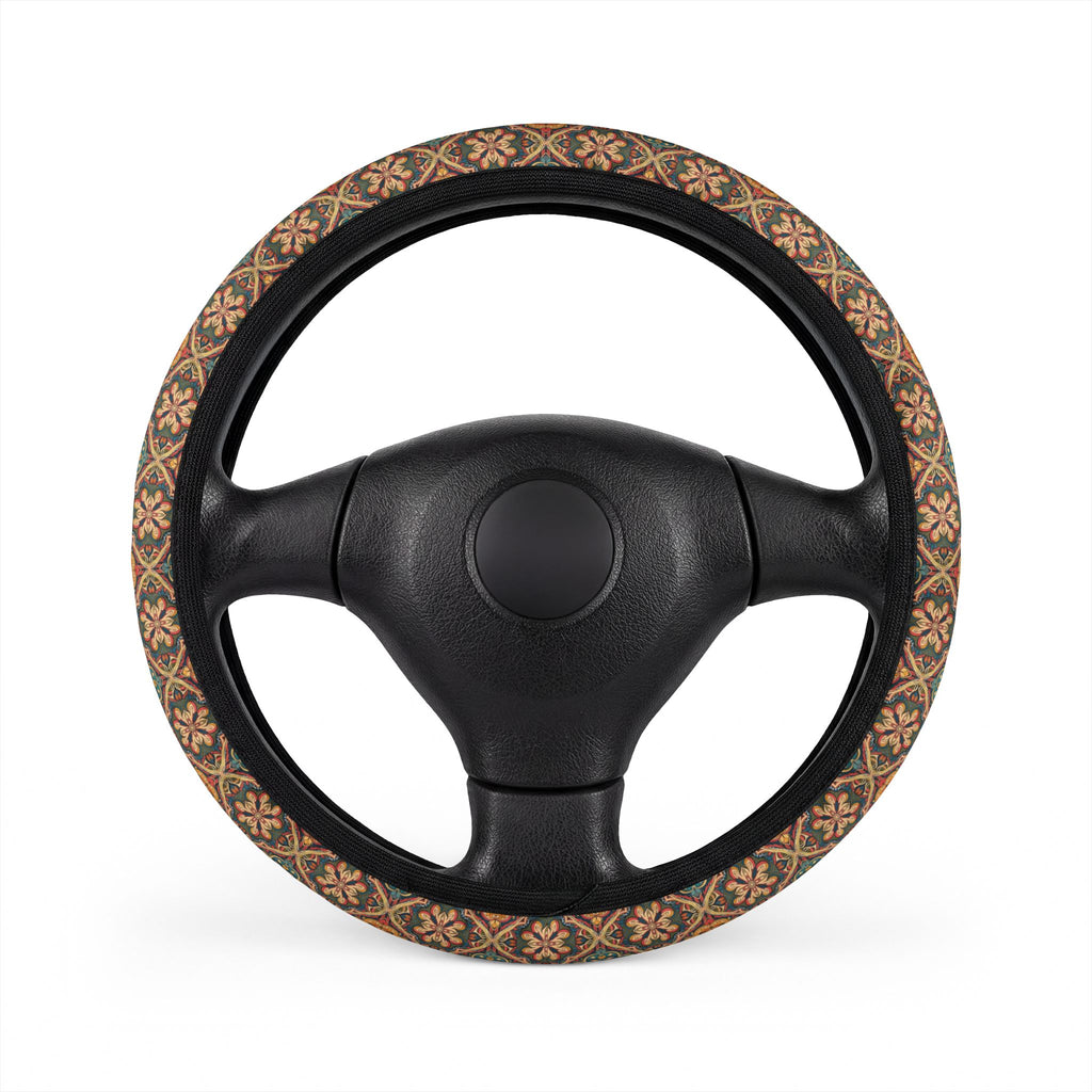 Dark boho floral steering wheel cover, on a steering wheel