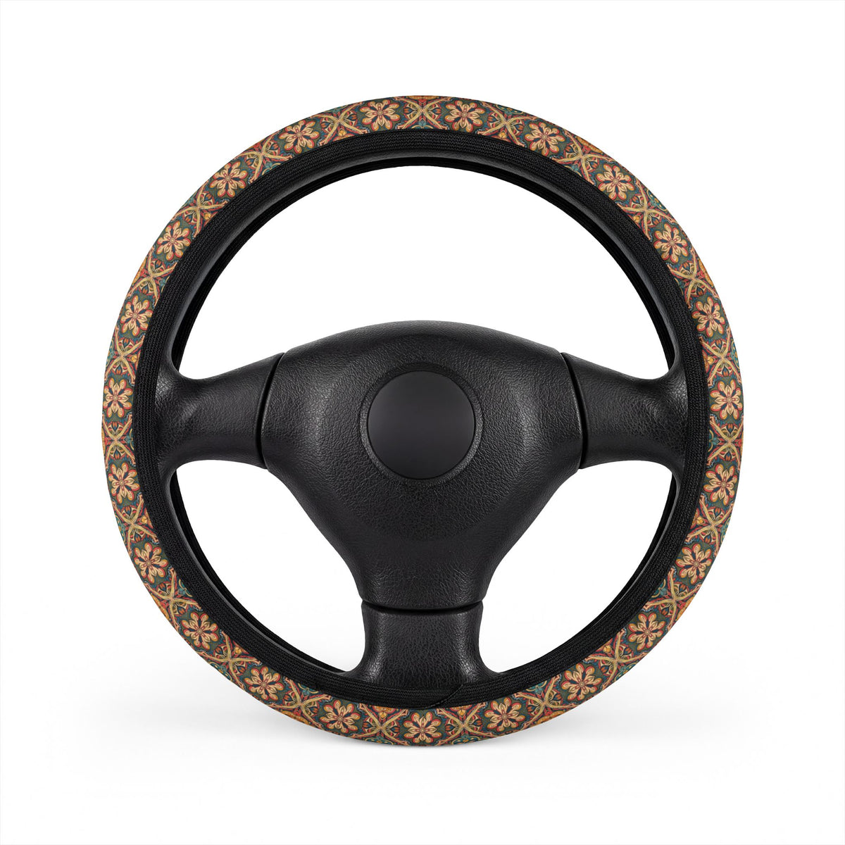Dark boho floral steering wheel cover, on a steering wheel