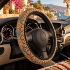 Dark boho floral steering wheel cover shown in a car interior