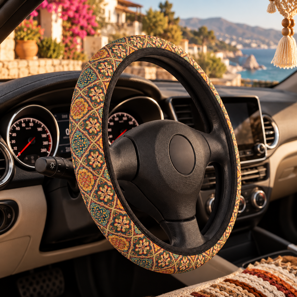 Dark boho floral steering wheel cover shown in a car interior