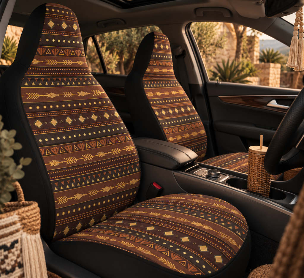 Dark brown desert boho car seat covers shown in a car interior