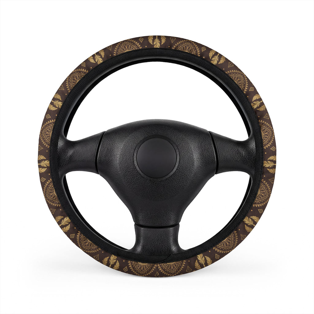 Dark brown desert boho steering wheel cover, on a steering wheel