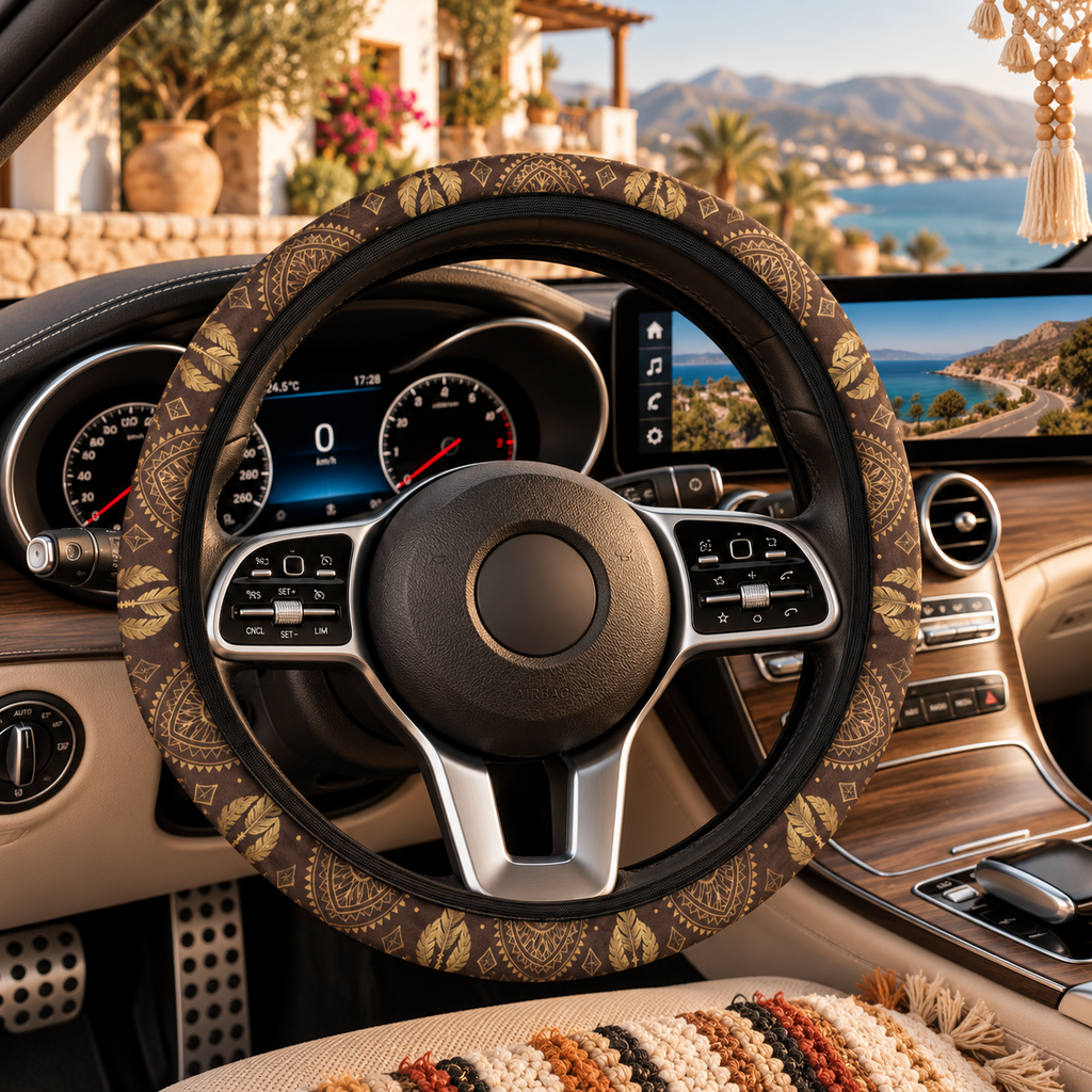 Dark brown desert boho steering wheel cover shown in a car interior