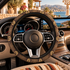 Dark brown desert boho steering wheel cover shown in a car interior