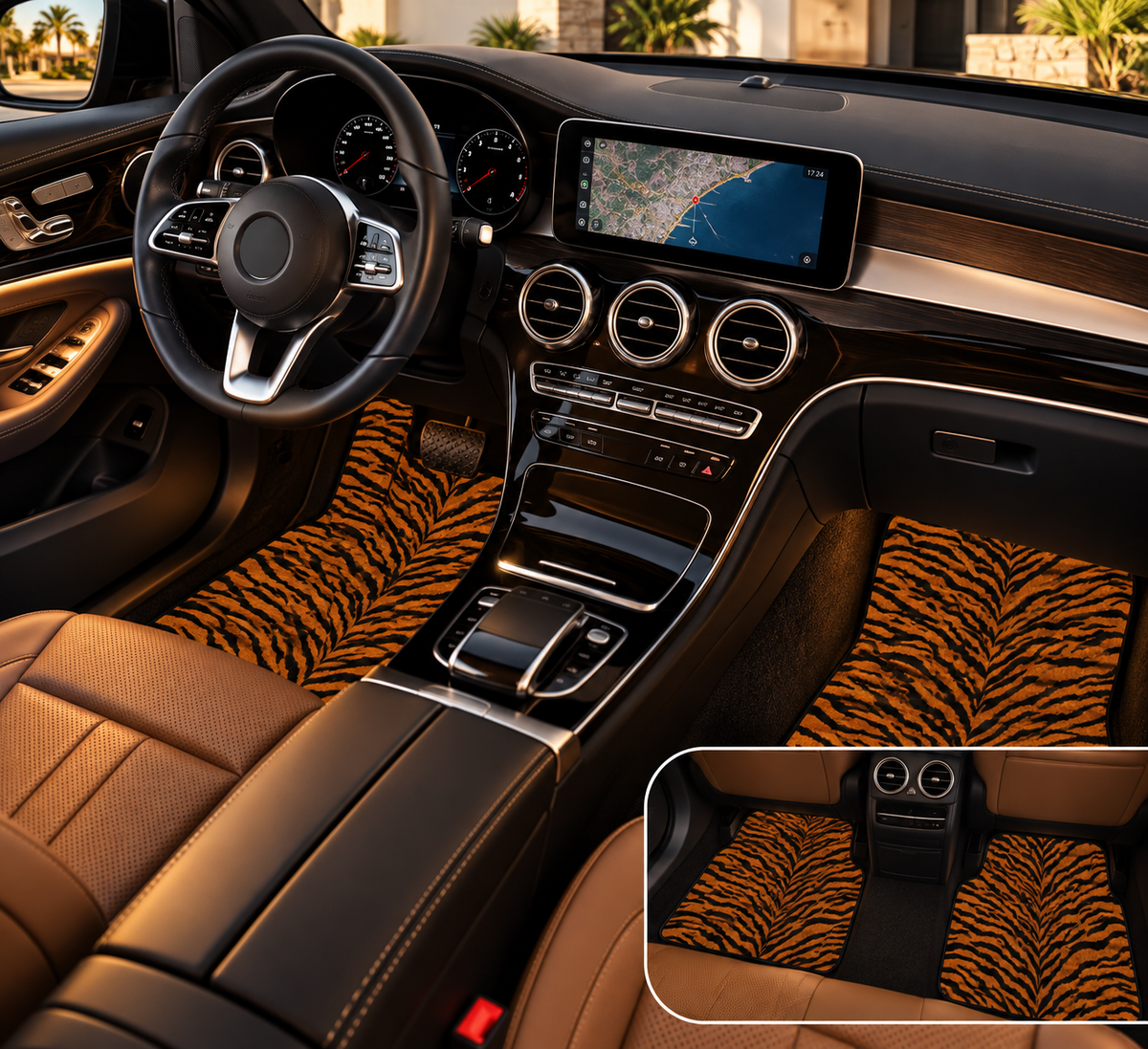 Dark brown tiger print car mats shown in a car interior