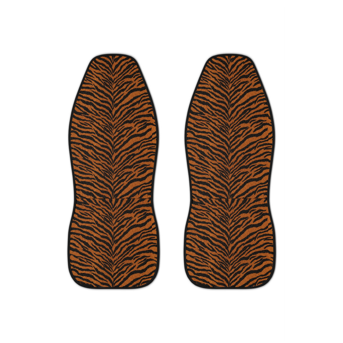Dark brown tiger print car seat covers, set of two shown side by side