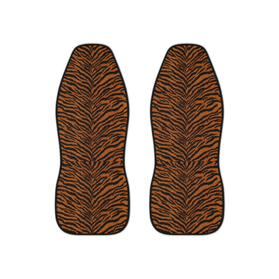 Dark brown tiger print car seat covers, set of two shown side by side