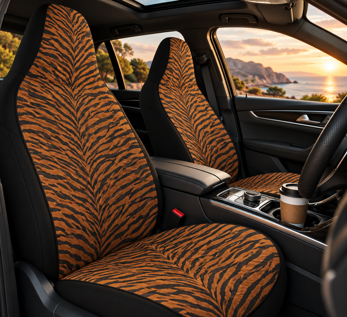 Dark brown tiger print car seat covers shown in a car interior