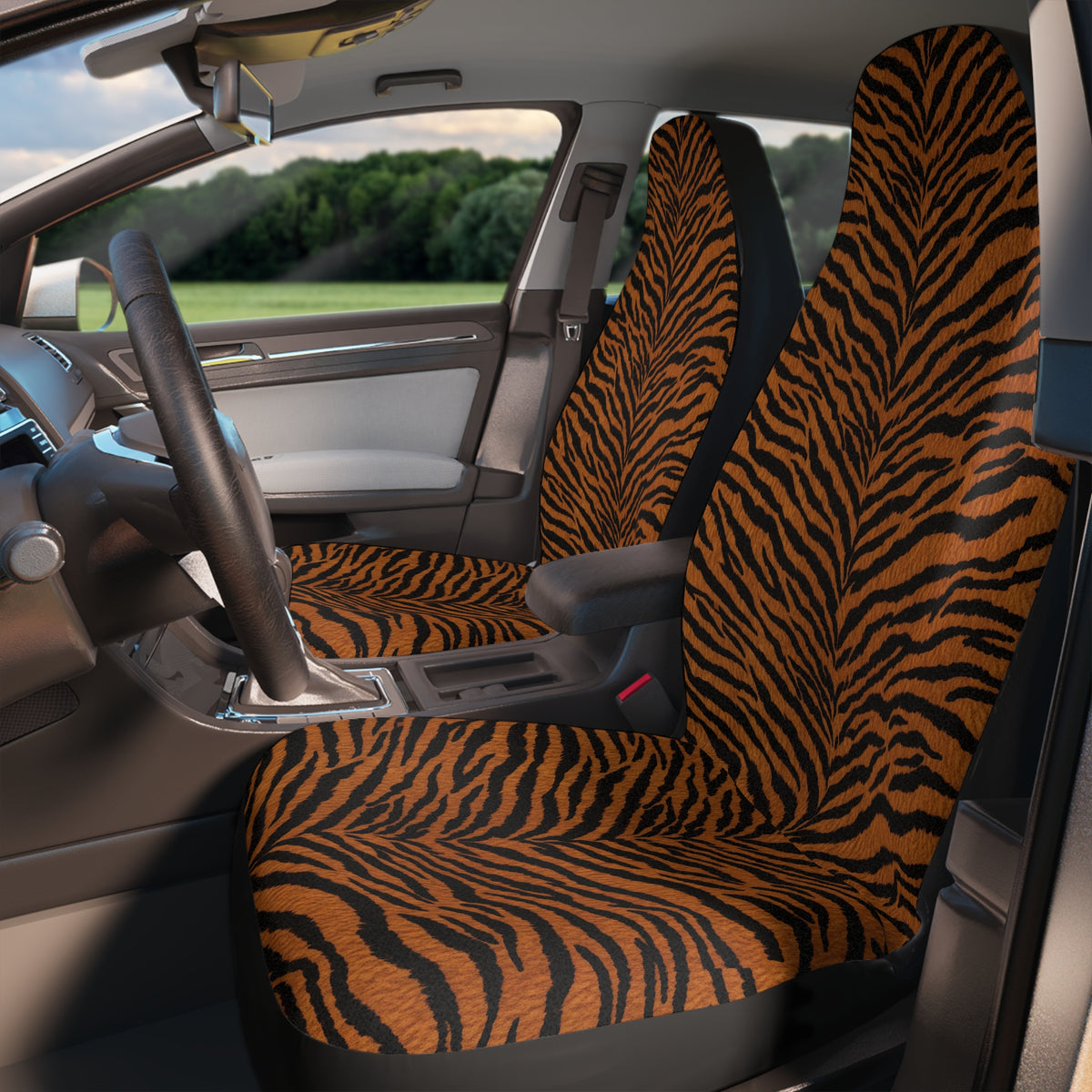 Dark brown tiger print car seat covers, fitted on the front seats of a car