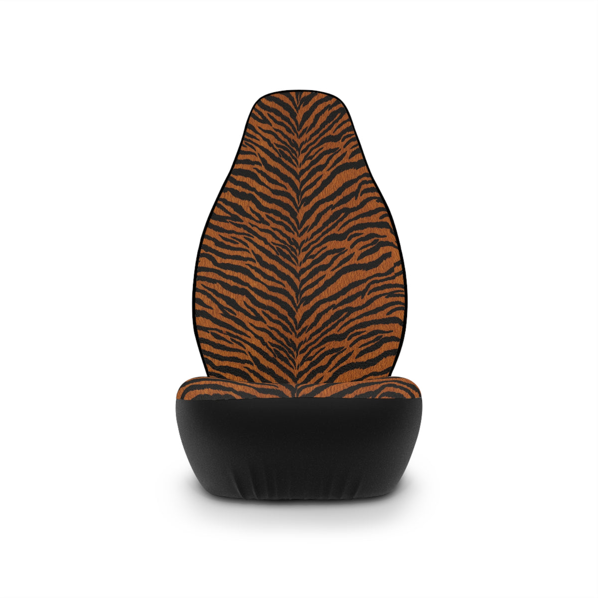 Dark brown tiger print car seat covers, single cover on a seat, front view