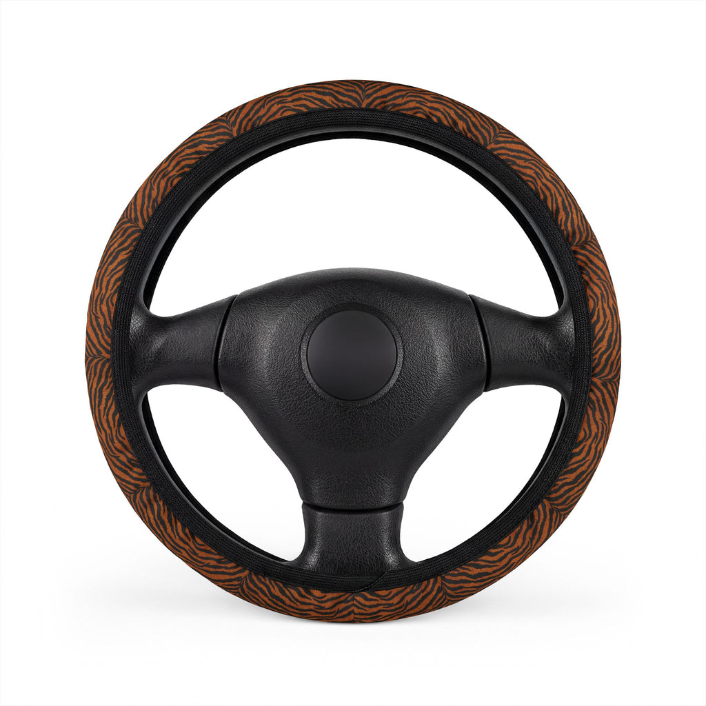 Dark brown tiger print steering wheel cover, front view