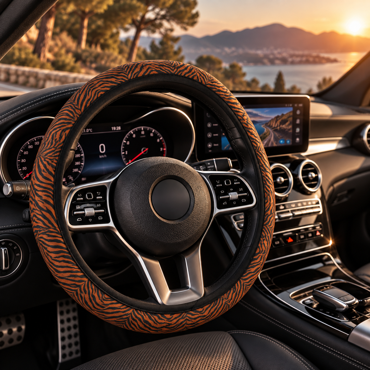 Dark brown tiger print steering wheel cover shown in a car interior
