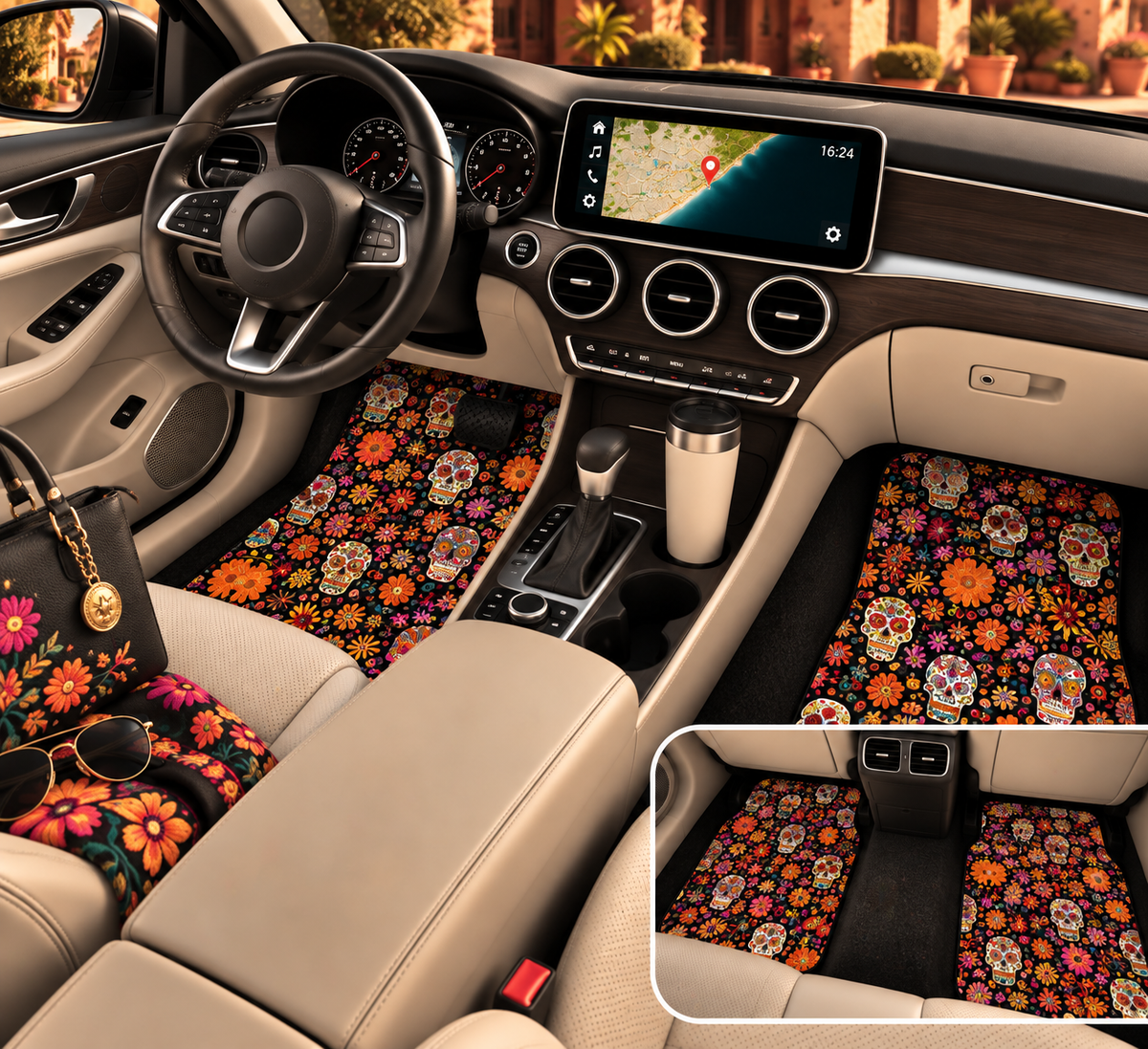 Floral gothic skull car mats shown in a car interior