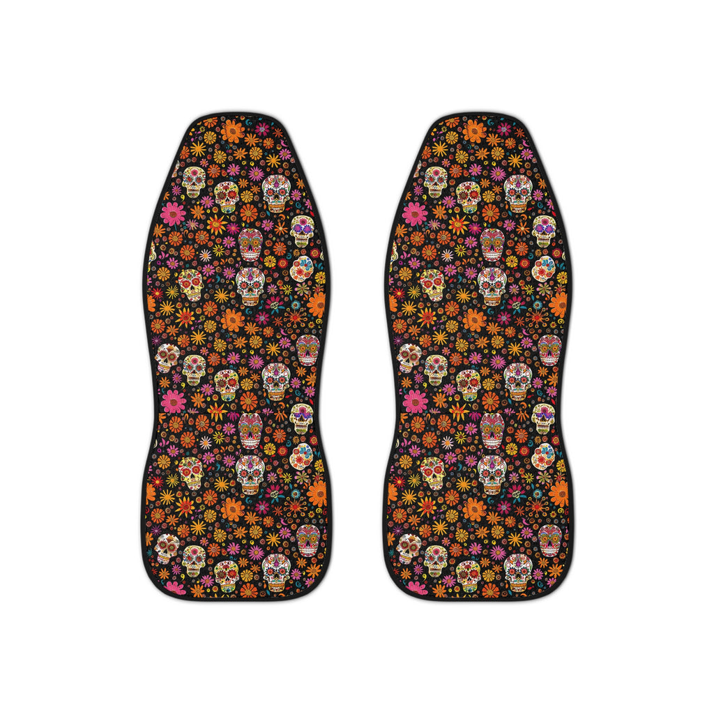Floral gothic skull car seat covers, set of two shown side by side