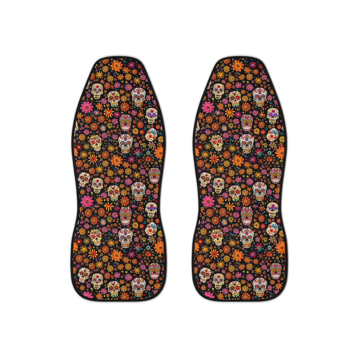 Floral gothic skull car seat covers, set of two shown side by side