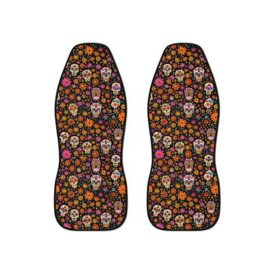 Floral gothic skull car seat covers, set of two shown side by side