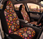 Floral gothic skull car seat covers shown in a car interior