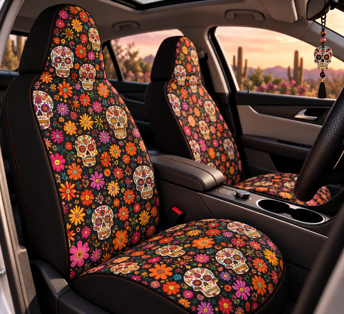 Floral gothic skull car seat covers shown in a car interior