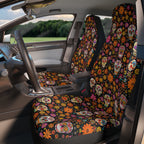 Floral gothic skull car seat covers, fitted on the front seats of a car