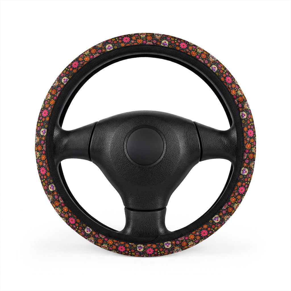 Floral gothic skull steering wheel cover, front view