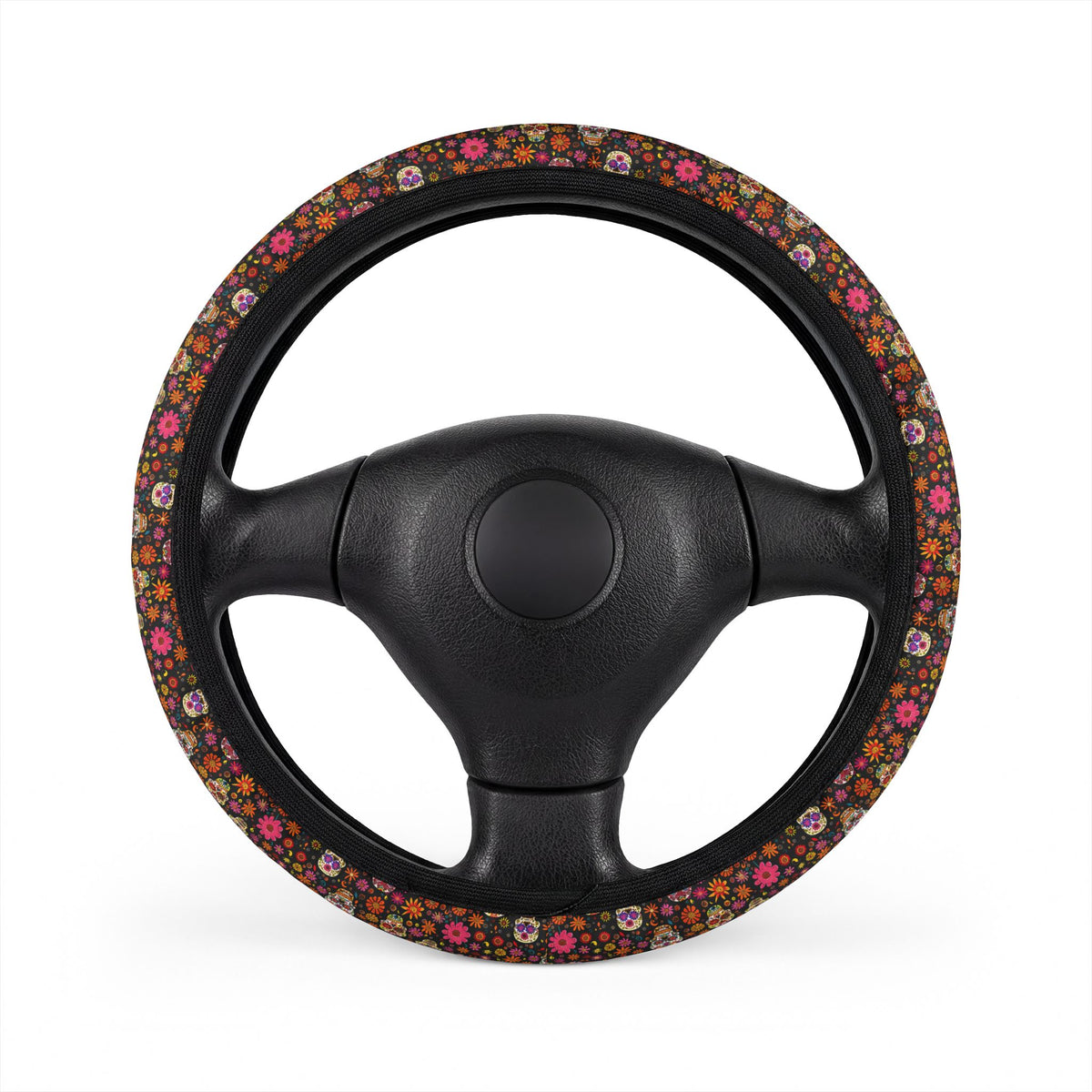 Floral gothic skull steering wheel cover, front view