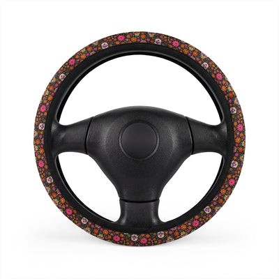 Floral gothic skull steering wheel cover, front view