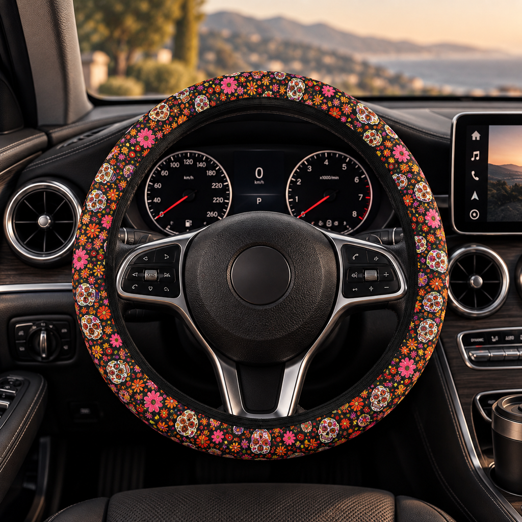 Floral gothic skull steering wheel cover shown in a car interior
