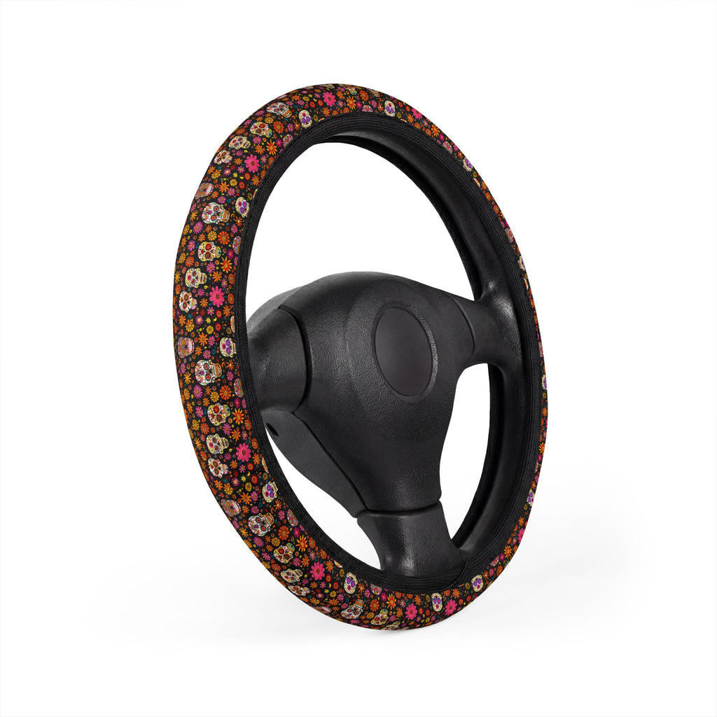 Floral gothic skull steering wheel cover, product view 3