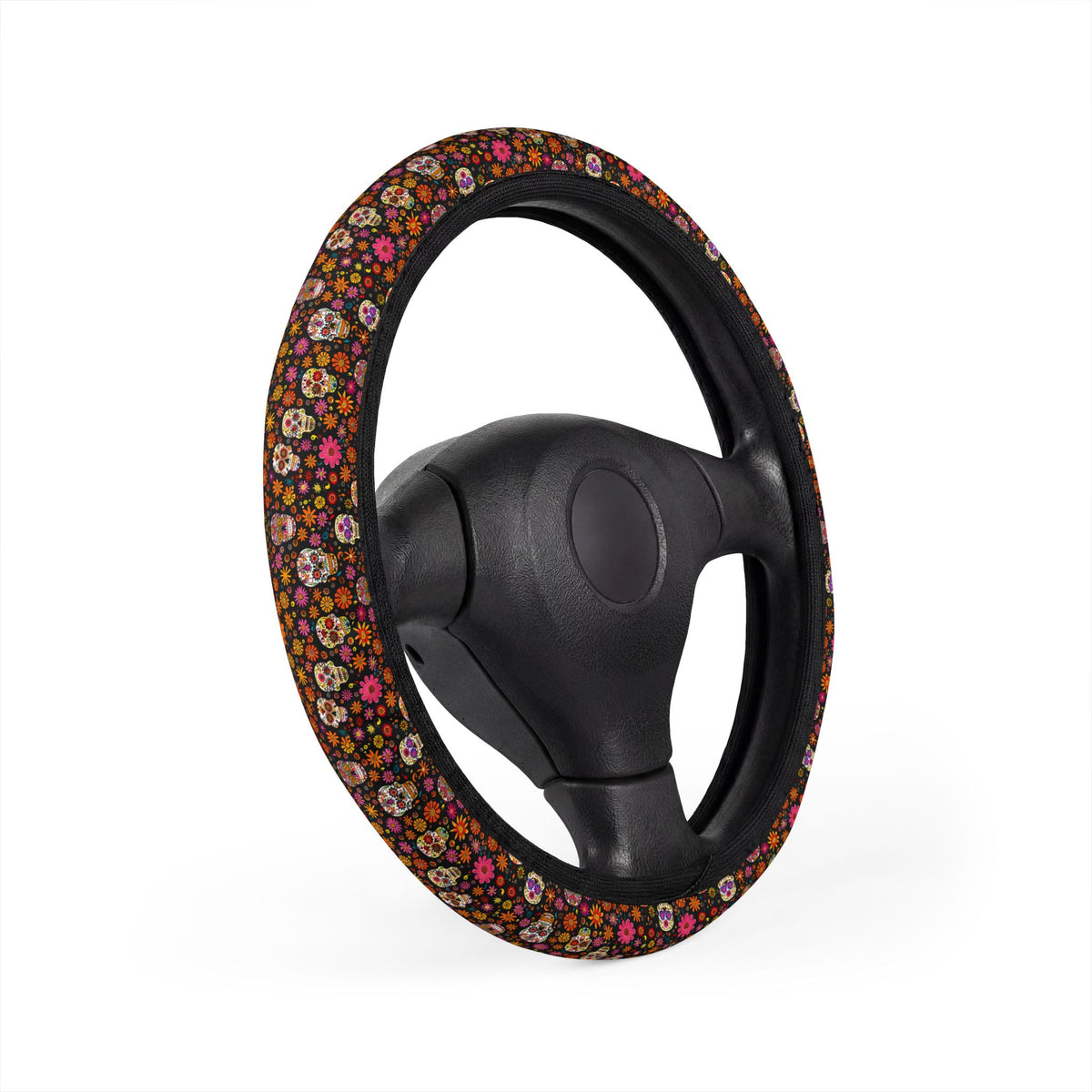 Floral gothic skull steering wheel cover, product view 3