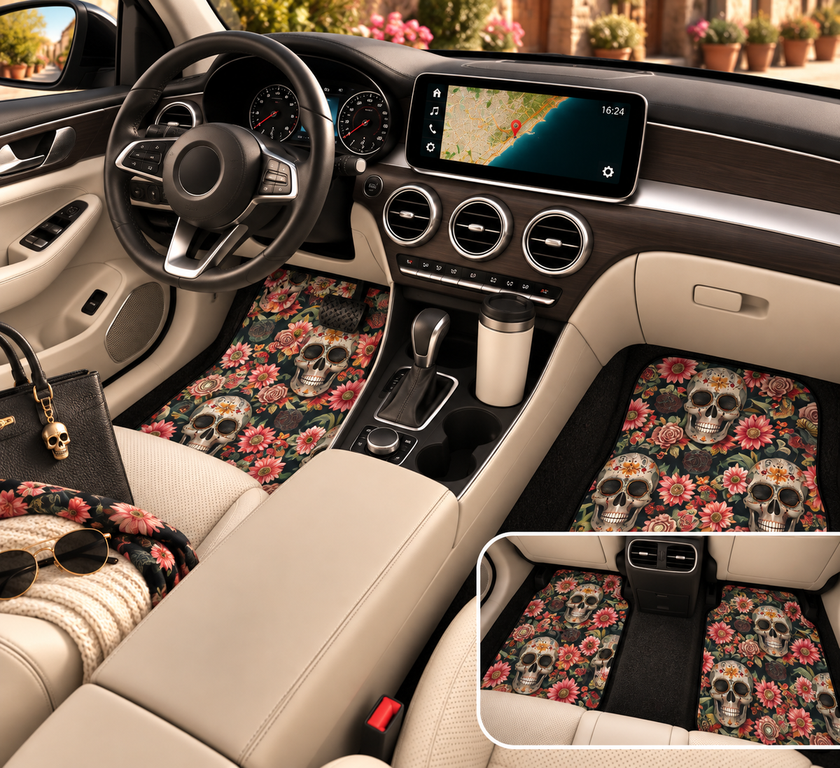 Flower gothic skull car mats shown in a car interior
