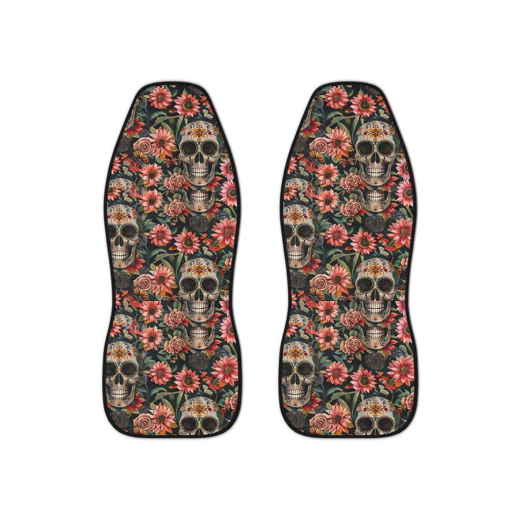Flower gothic skull car seat covers, set of two shown side by side