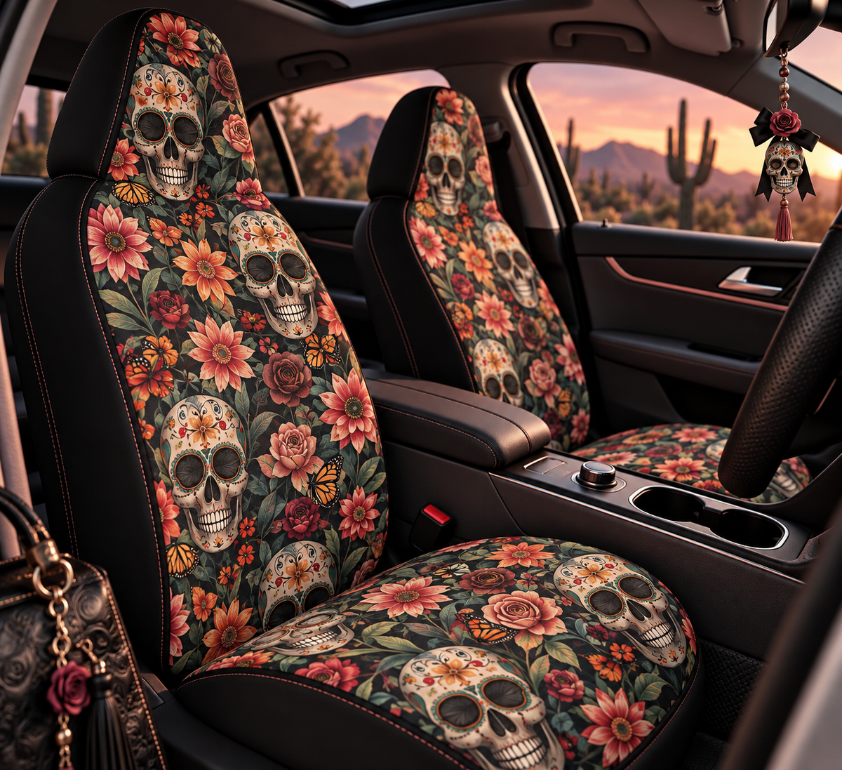 Flower gothic skull car seat covers shown in a car interior