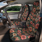Flower gothic skull car seat covers, fitted on the front seats of a car